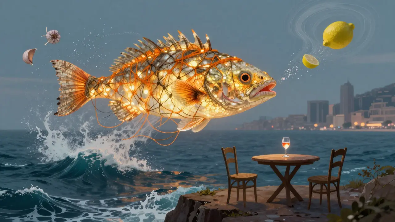 Surreal glowing rascasse fish rising from the sea, transforming into scents of garlic and lemon above a quiet seaside table.