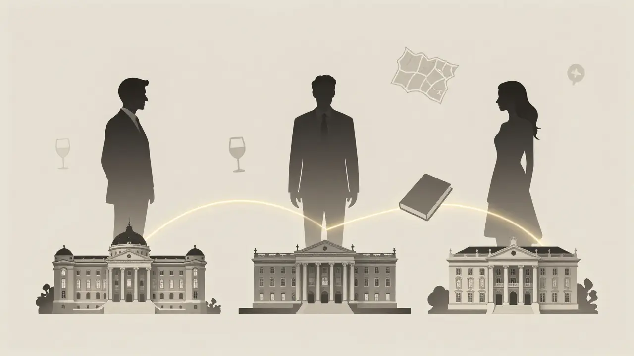 Three abstract figures symbolizing types of companions in Monaco, connected by golden light against city silhouettes.