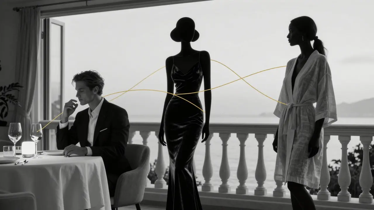Three abstract silhouettes represent elite Monaco companions, connected by golden threads symbolizing discretion and elegance.