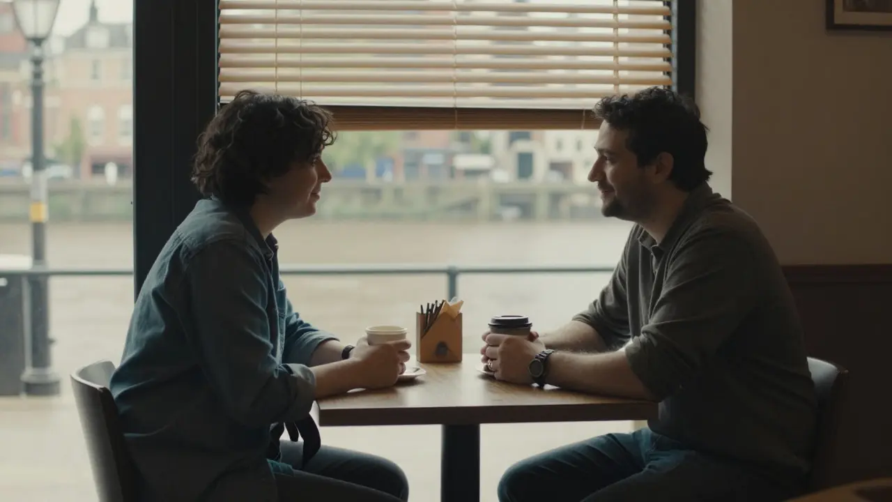 Two people having a calm coffee conversation in a Liverpool café with river view in background.