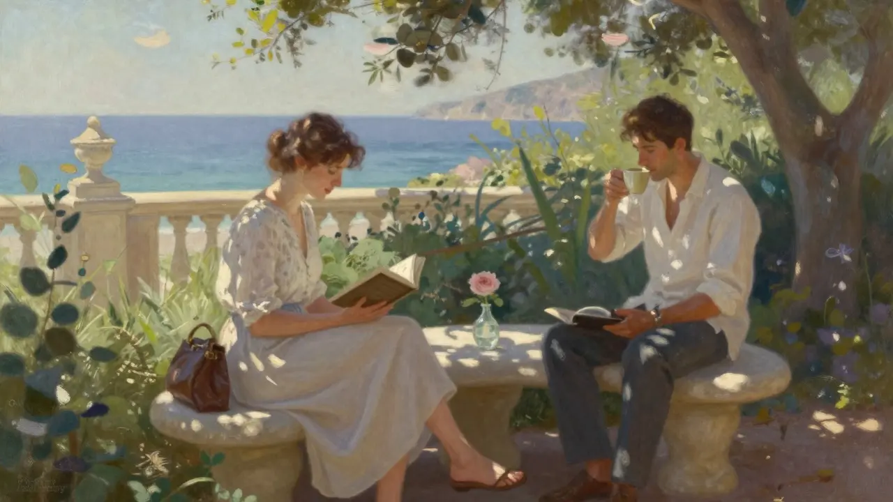 Two people relaxing in a hidden garden terrace overlooking the Mediterranean, reading and sipping coffee.