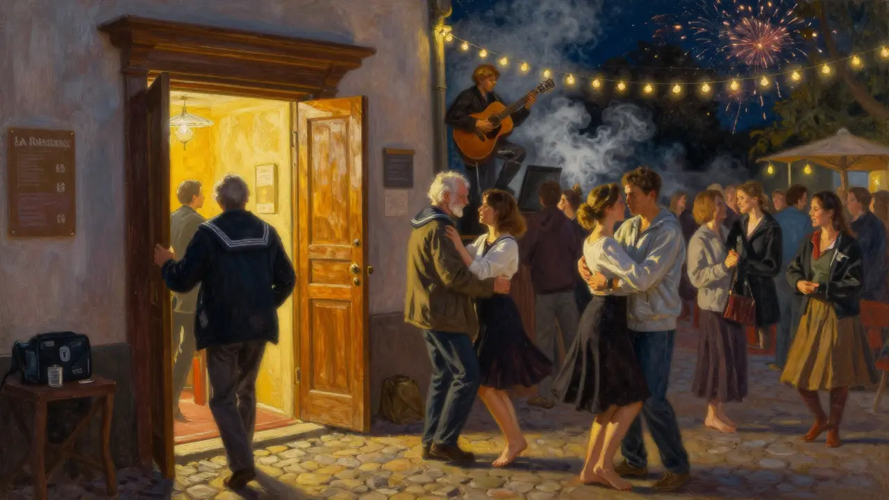 Warm light spilling from La Rascasse’s doorway at midnight as diverse guests enter, a guitarist playing softly under string lights.