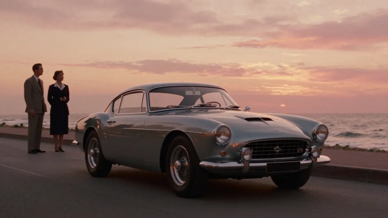1950s Ferrari cruising the Croisette at sunset, elegant onlookers watching in quiet admiration.