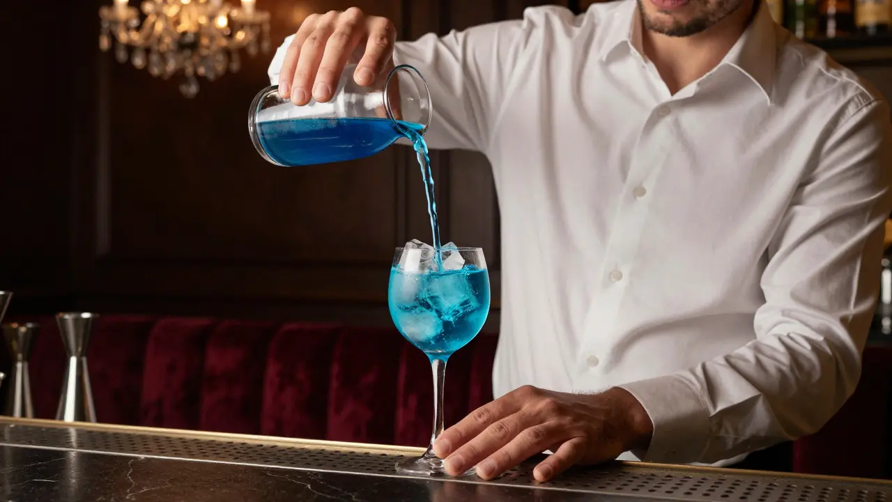 A bartender's hands pouring a blue gin cocktail over ice in a dimly lit luxury bar, glass catching the light.