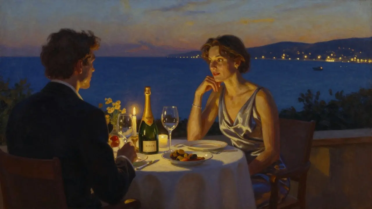 A candlelit dinner on a private terrace overlooking the Mediterranean at twilight, two figures in elegant attire.
