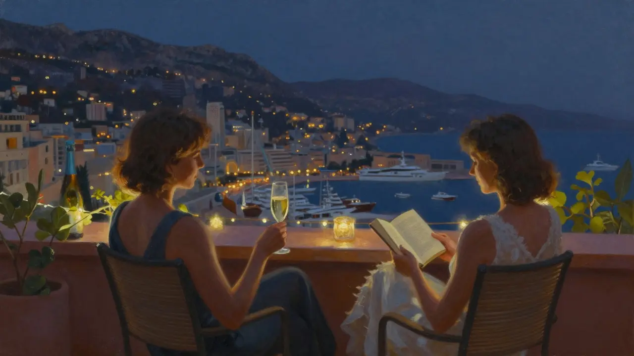 A couple on a quiet Monte Carlo rooftop at night, overlooking yachts with calm intimacy.