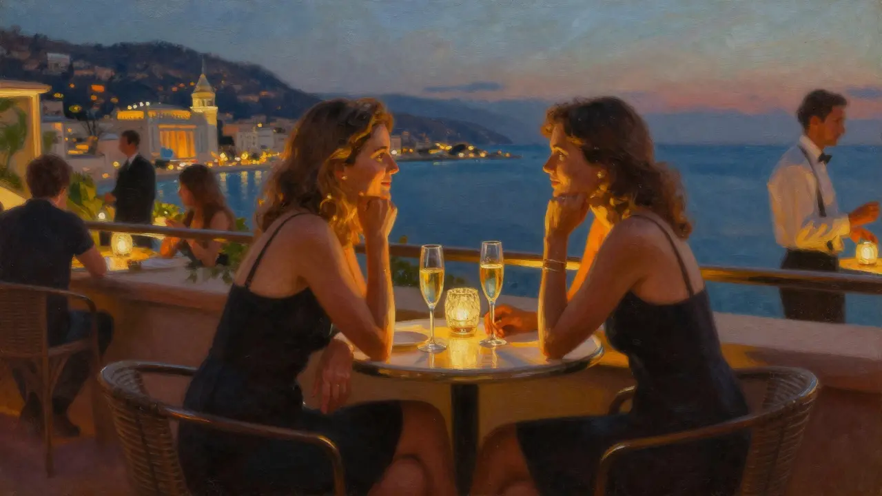 A couple shares champagne on a private rooftop terrace in Monte Carlo, city lights reflecting on the sea.