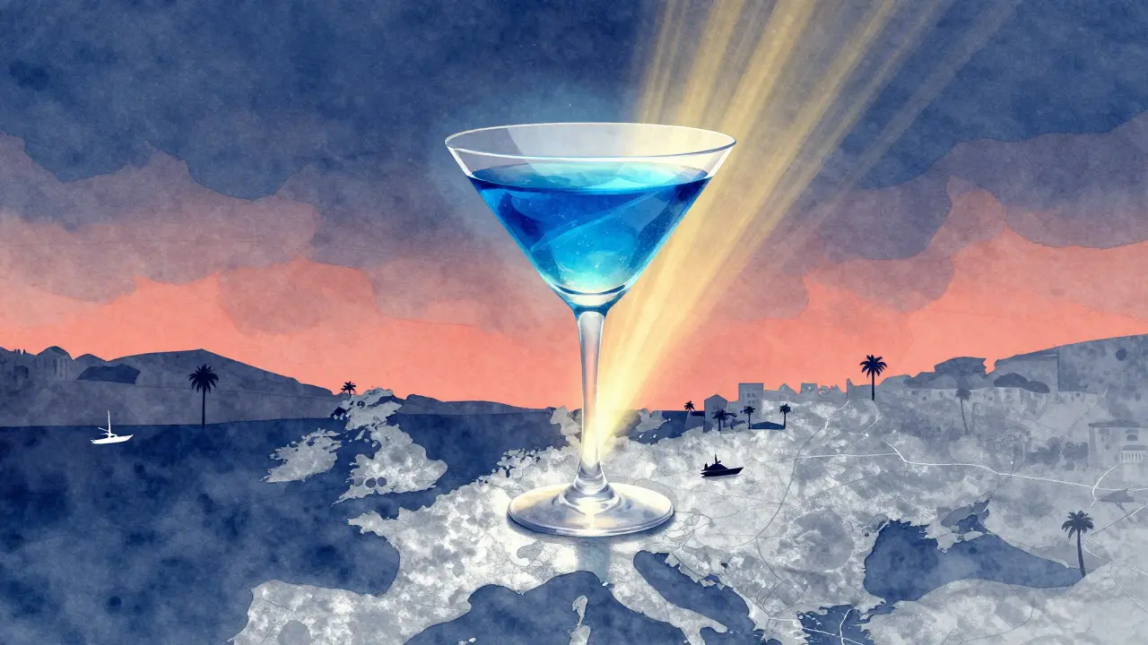 A floating blue cocktail above a map of Monaco, radiating golden light into a twilight sky with tiny city silhouettes.