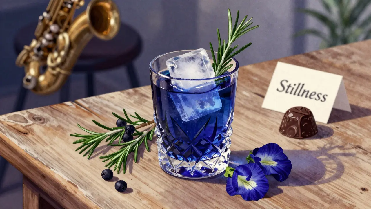 A hand-carved ice cube melting in a crystal glass surrounded by wild Mediterranean botanicals under soft blue light.