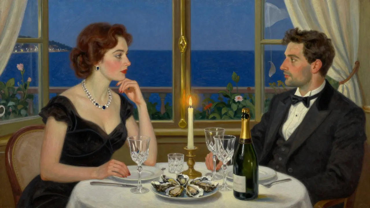 A refined couple dines at Le Louis XV, candlelight reflecting off champagne glasses and ocean views.