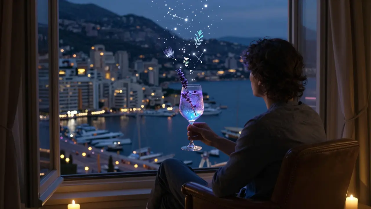 A solitary figure by a window, their drink glowing with blue-lavender light as botanicals float like stars in the reflection.