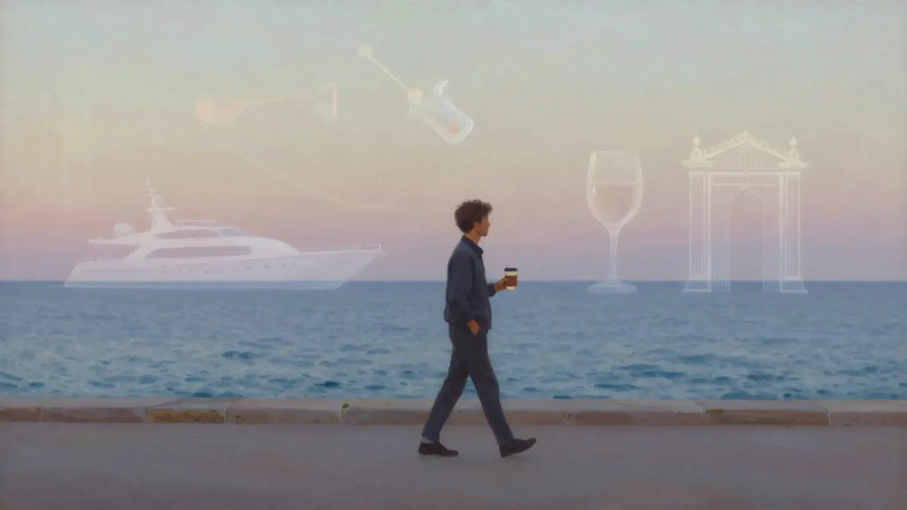 A solitary walker on the Larvotto promenade at dawn, surrounded by faint memories of elegant moments.