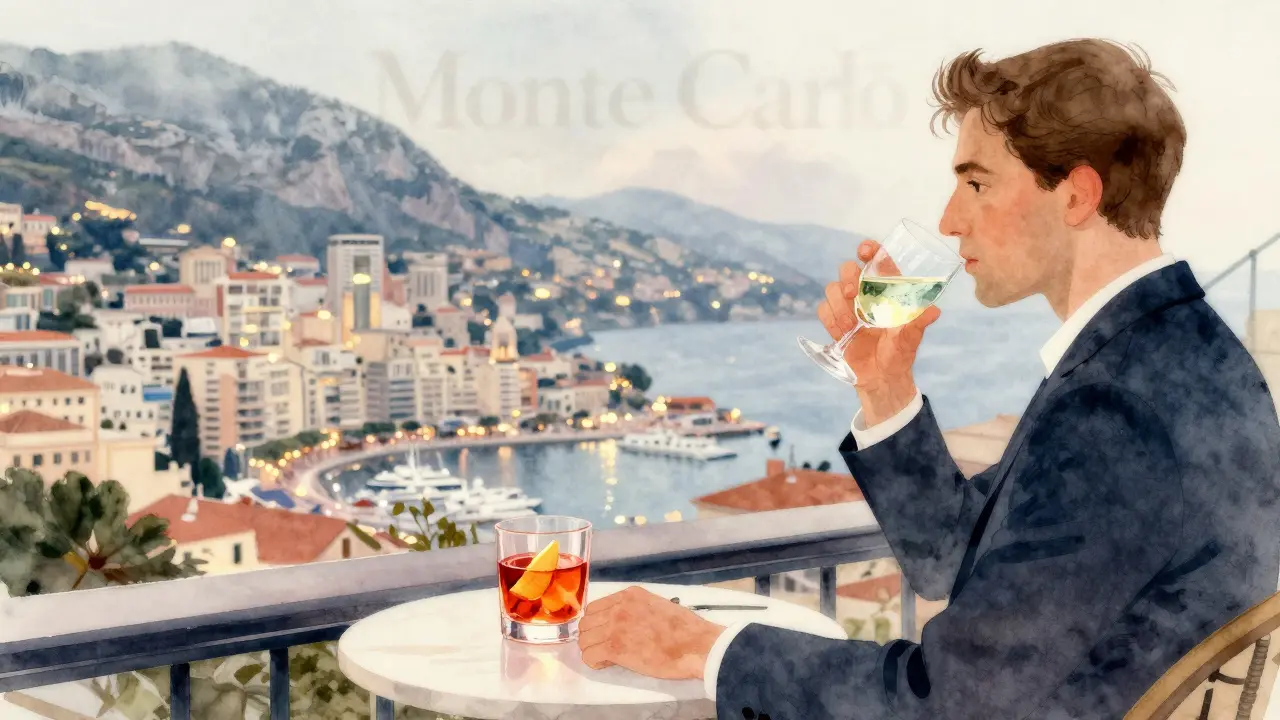 A sophisticated companion enjoys a quiet moment on a rooftop terrace, city lights glowing softly in the background.