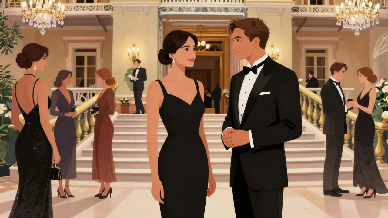 A sophisticated woman listening attentively at a glamorous Monte Carlo gala, blending into the elegant crowd.