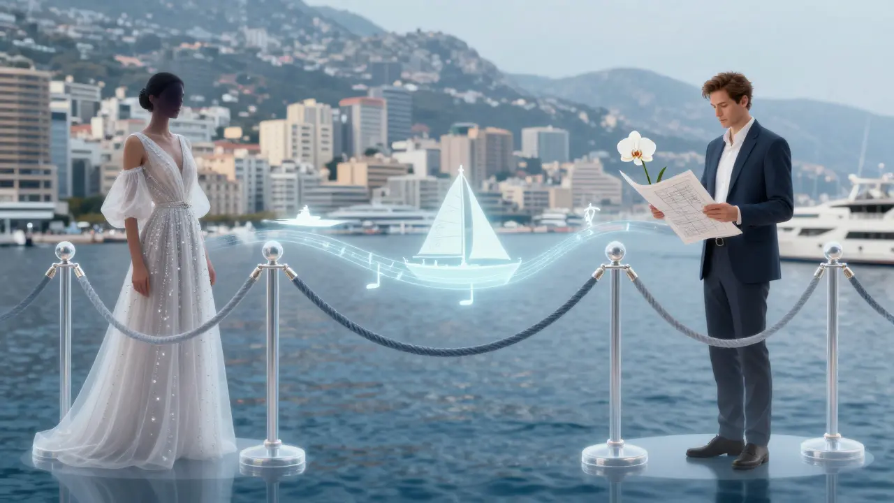 A symbolic illustration of connection between a model and a thoughtful outsider, linked by art, music, and yachts across a transparent barrier.