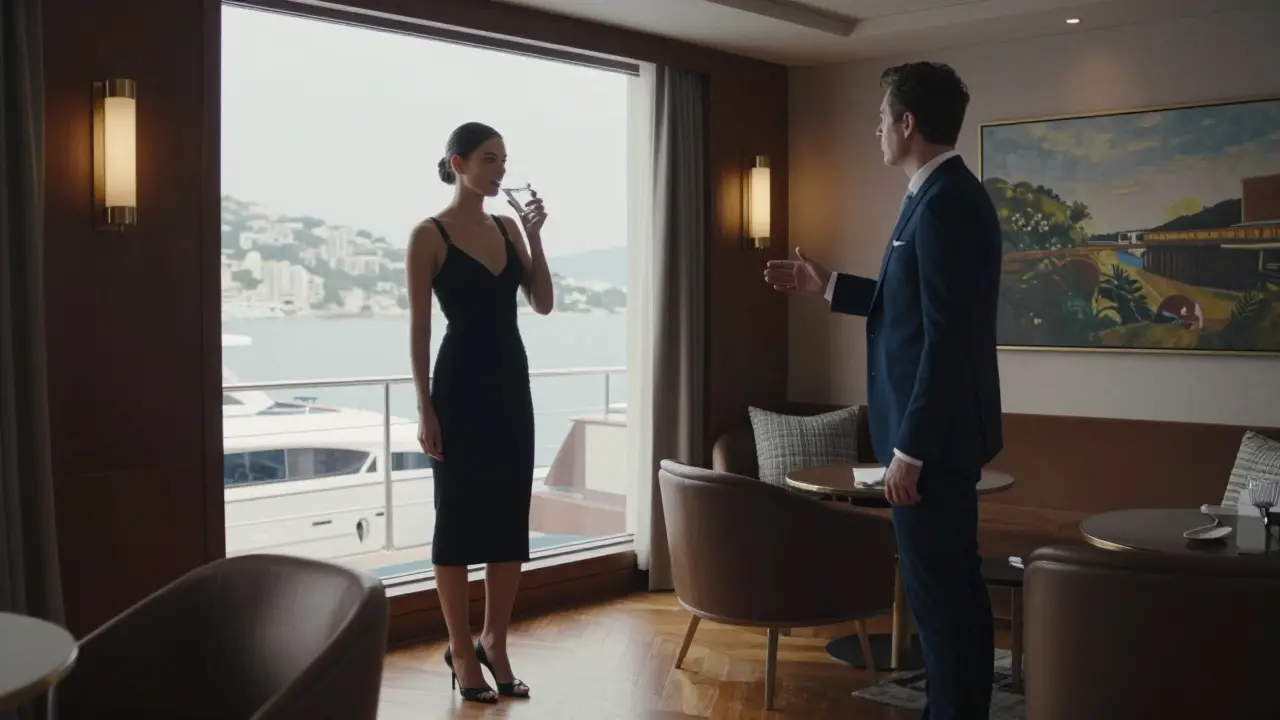 A top model and a man in a tailored blazer in the exclusive Yacht Club of Monaco, standing near a window with calm, unposed elegance.