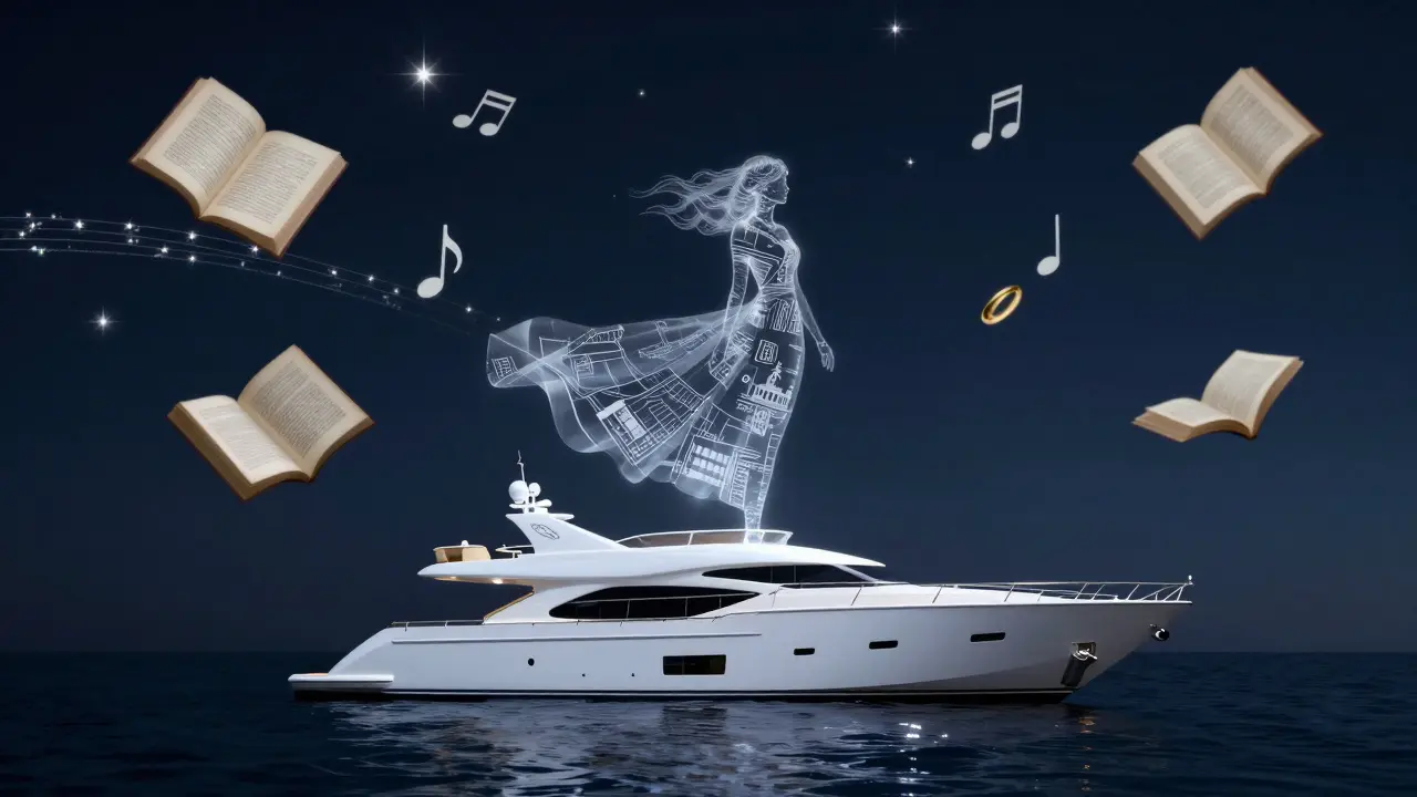 A translucent figure made of books, music, and blueprints hovers over a yacht, symbolizing cultured companionship.