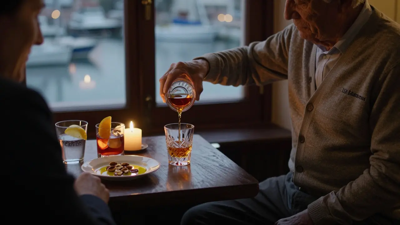 An elderly man pours Armagnac for a guest at the bar, candlelight reflecting in the glass.