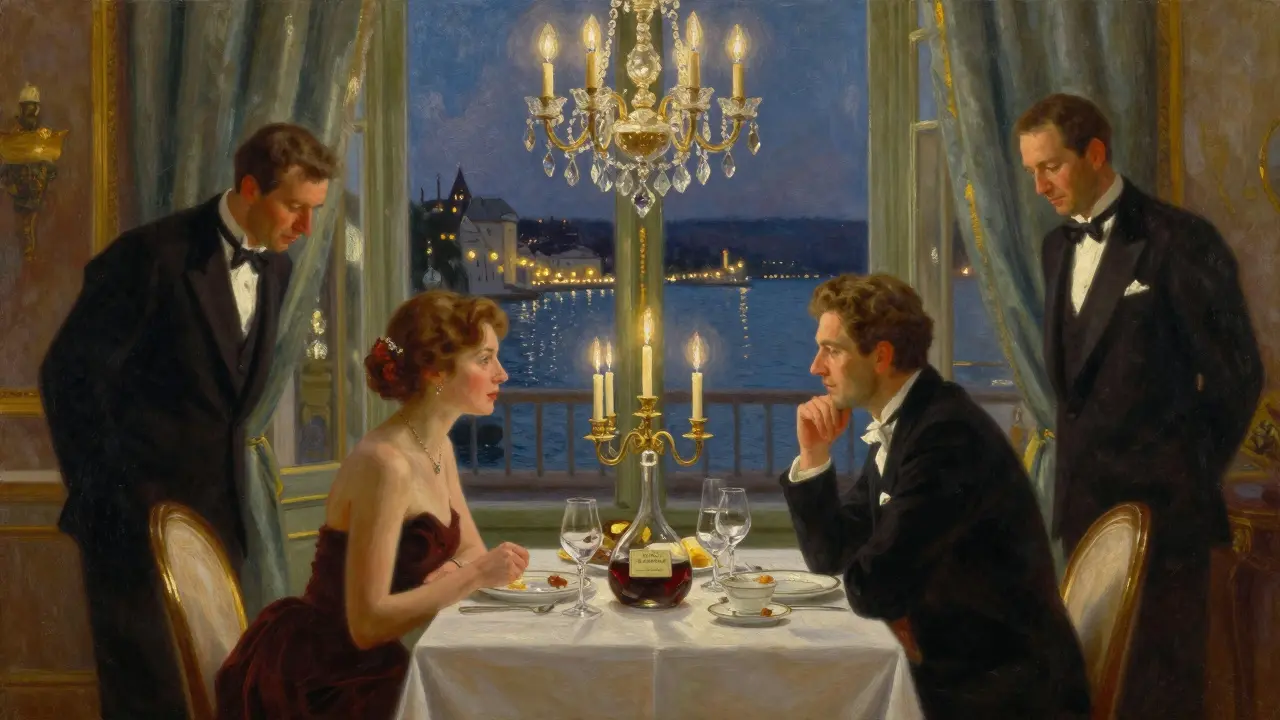 Candlelit dinner at Le Louis XV with fine wine and harbor lights glowing through the window.