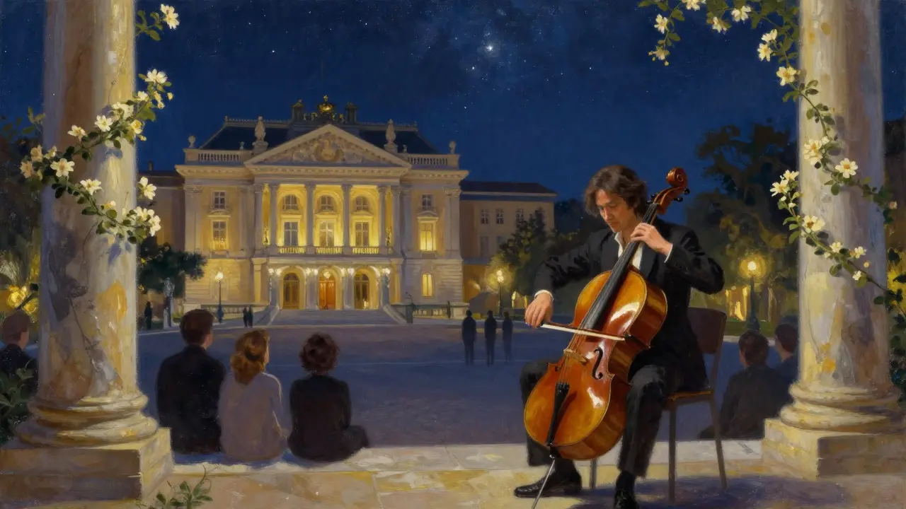 Classical concert at Place du Casino with Yo-Yo Ma under the stars, guests listening quietly.