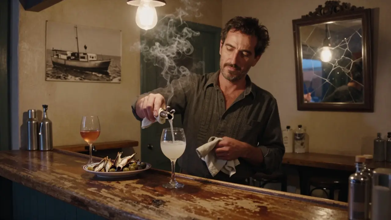 Close-up of a pastis being poured at a worn wooden bar, with faded photos and a single hanging bulb casting warm light.