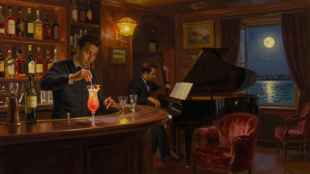 Dimly lit bar with a bartender mixing a pink cocktail, jazz musicians playing softly beside a grand piano.