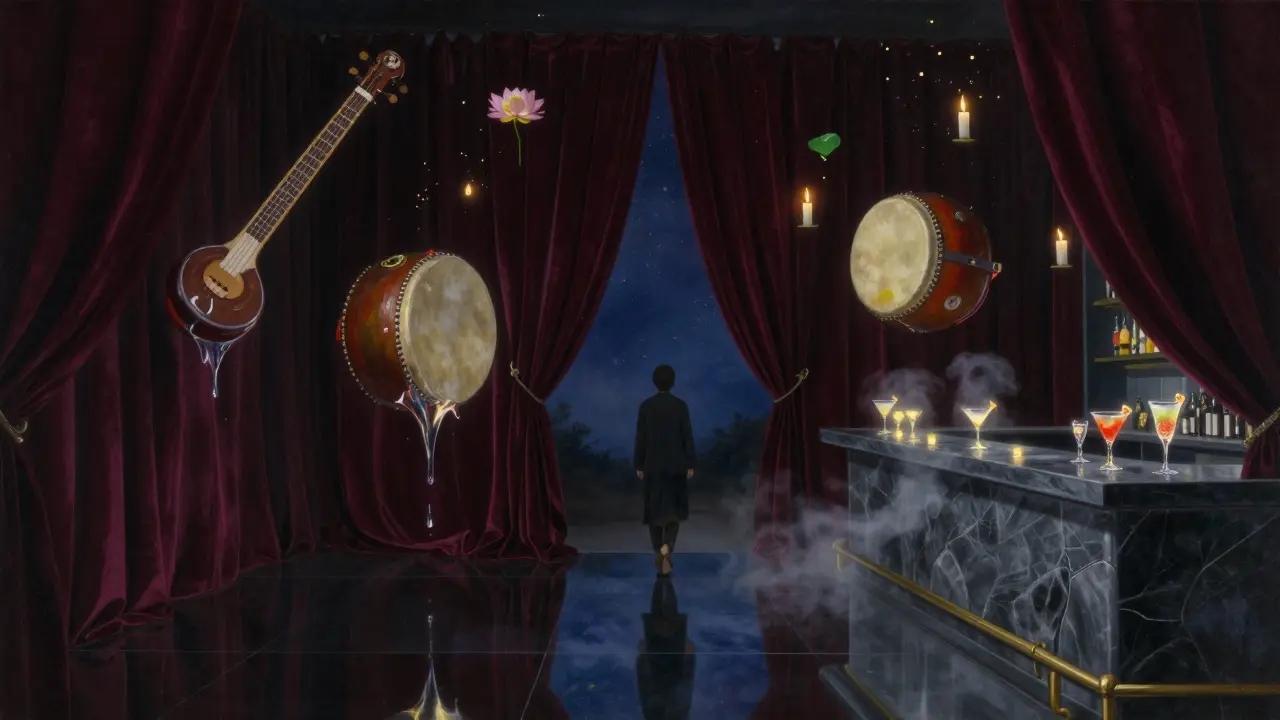 Dreamlike sanctuary where musical instruments float in light, candles drift upward, and bar glows with mist.