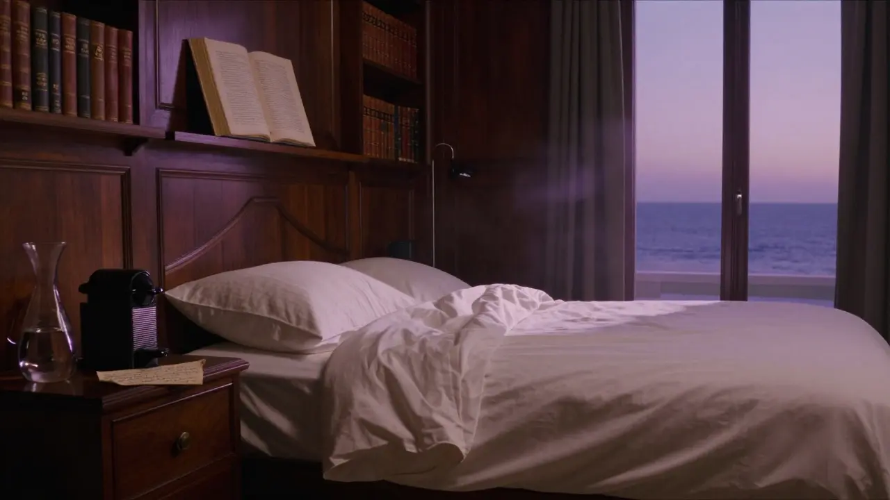 Elegant Baudelaire Suite with dark wood paneling, leather books, and a rumpled bed overlooking the Mediterranean at twilight.
