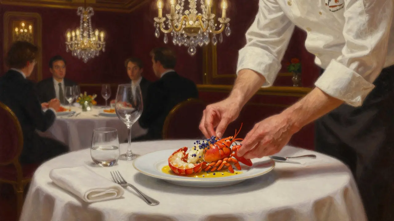 Elegant fine dining at Le Louis XV with chef presenting lobster dish under crystal chandeliers and candlelight.
