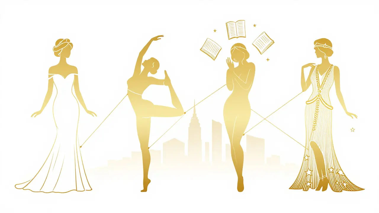 Four abstract silhouettes representing different types of elite companions in Monaco, connected to the city skyline.