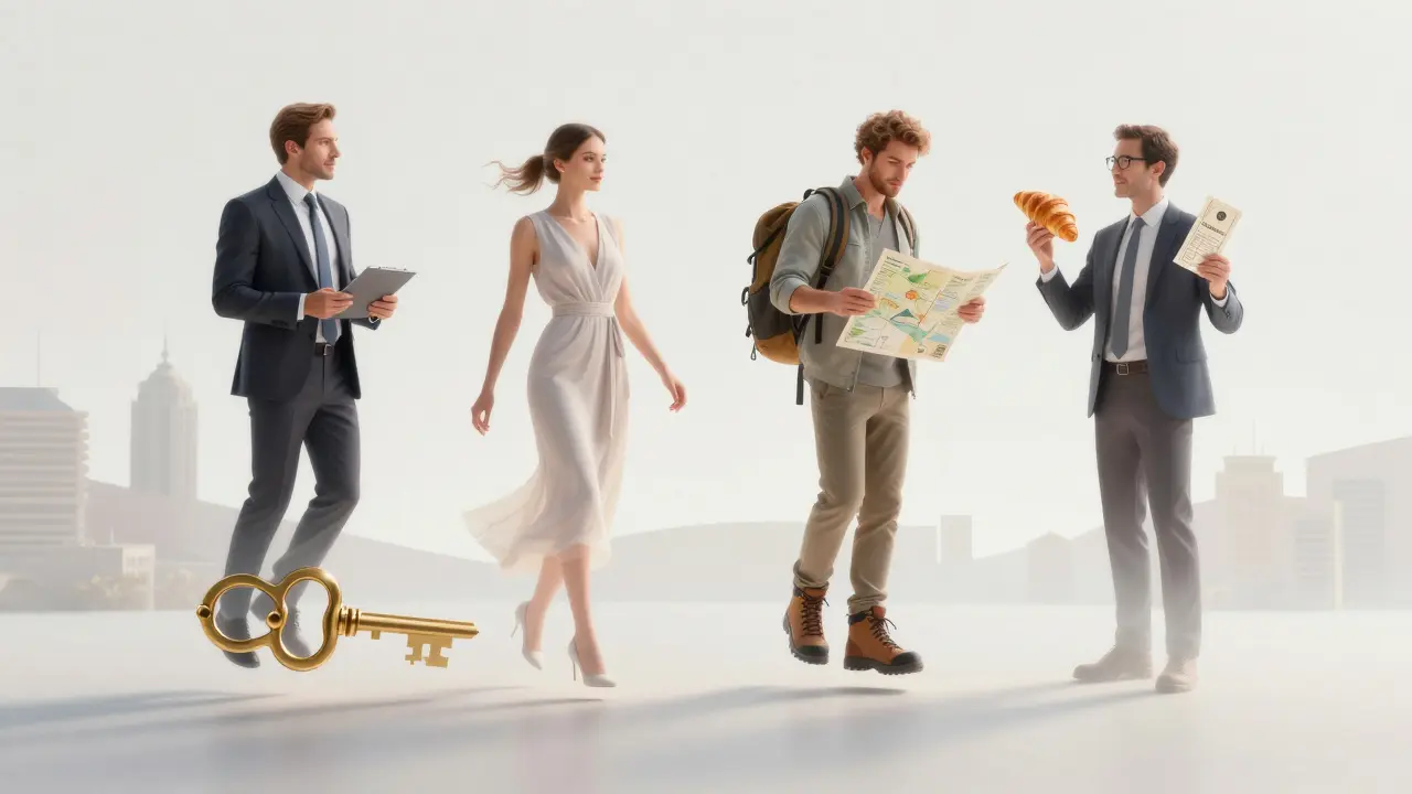 Four elegant figures representing different types of Monaco companions emerging from a golden key above the city skyline.