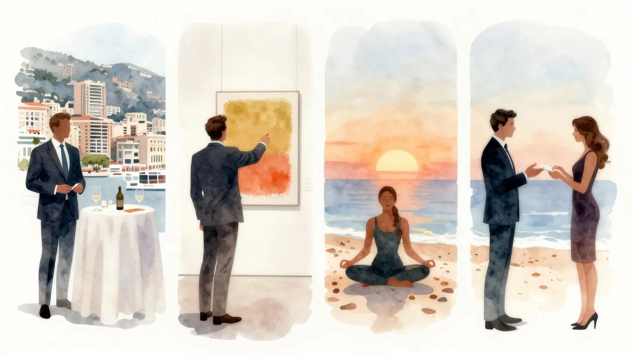 Four elegant silhouettes representing Monaco escorts in their distinct settings: art, diplomacy, wellness, and connection.
