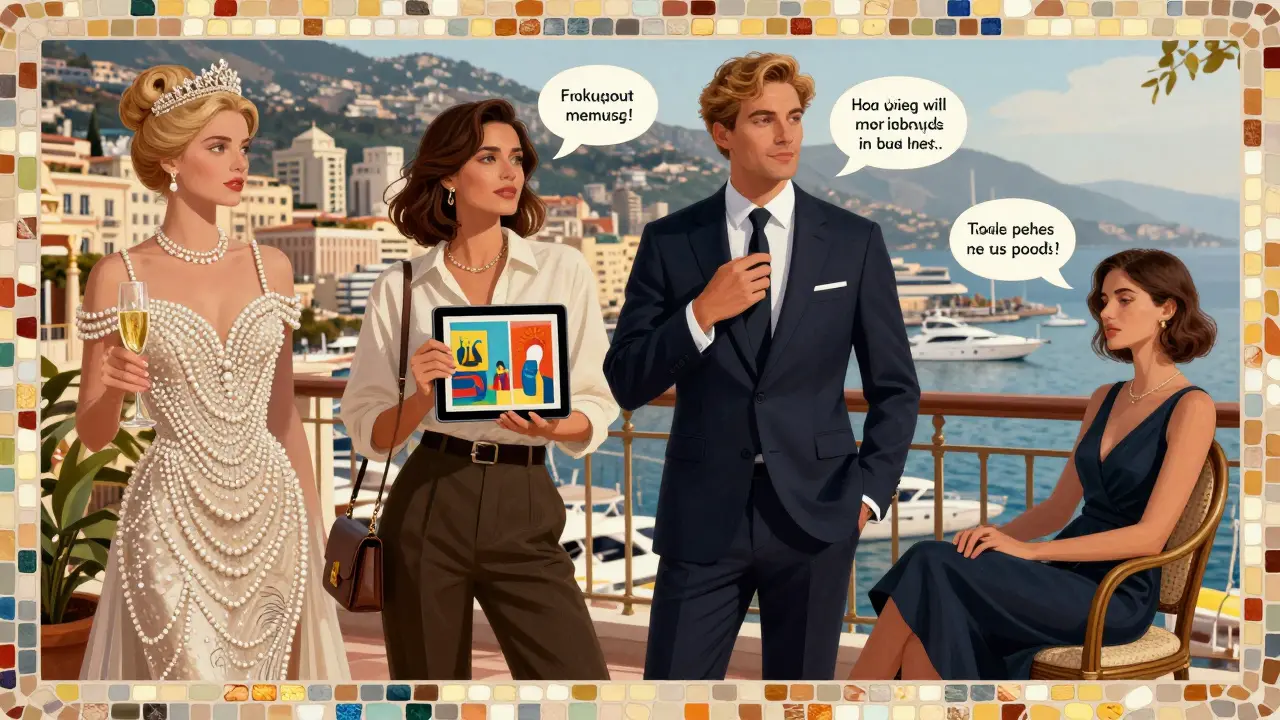 Four elegant women representing different escort styles in Monaco, each in distinct attire, bathed in golden twilight.