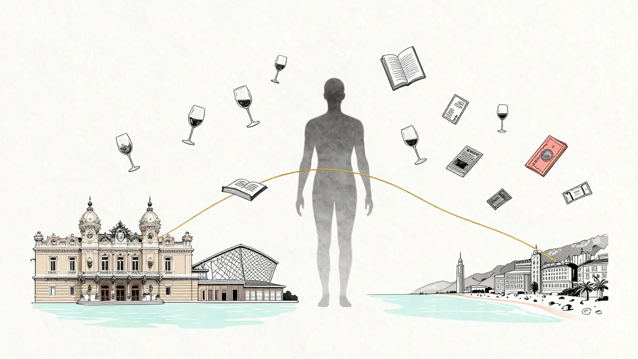 Golden thread connecting Monaco landmarks to an abstract human form, symbolizing refined companionship.