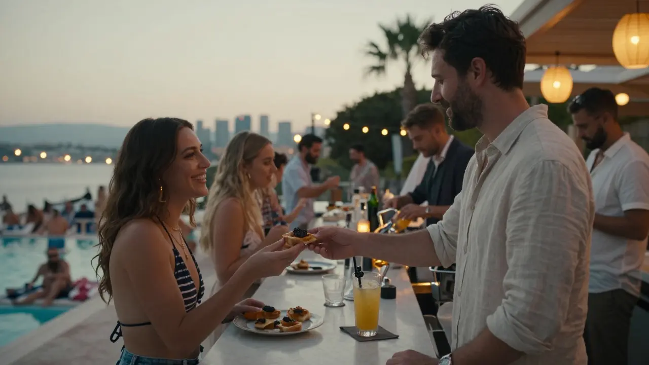 Guests sharing food and drinks at the poolside bar as dusk turns to night.