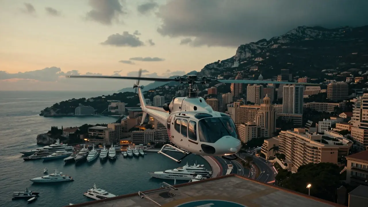 Helicopter rising from the resort rooftop at dusk, overlooking Monaco's glittering coastline.