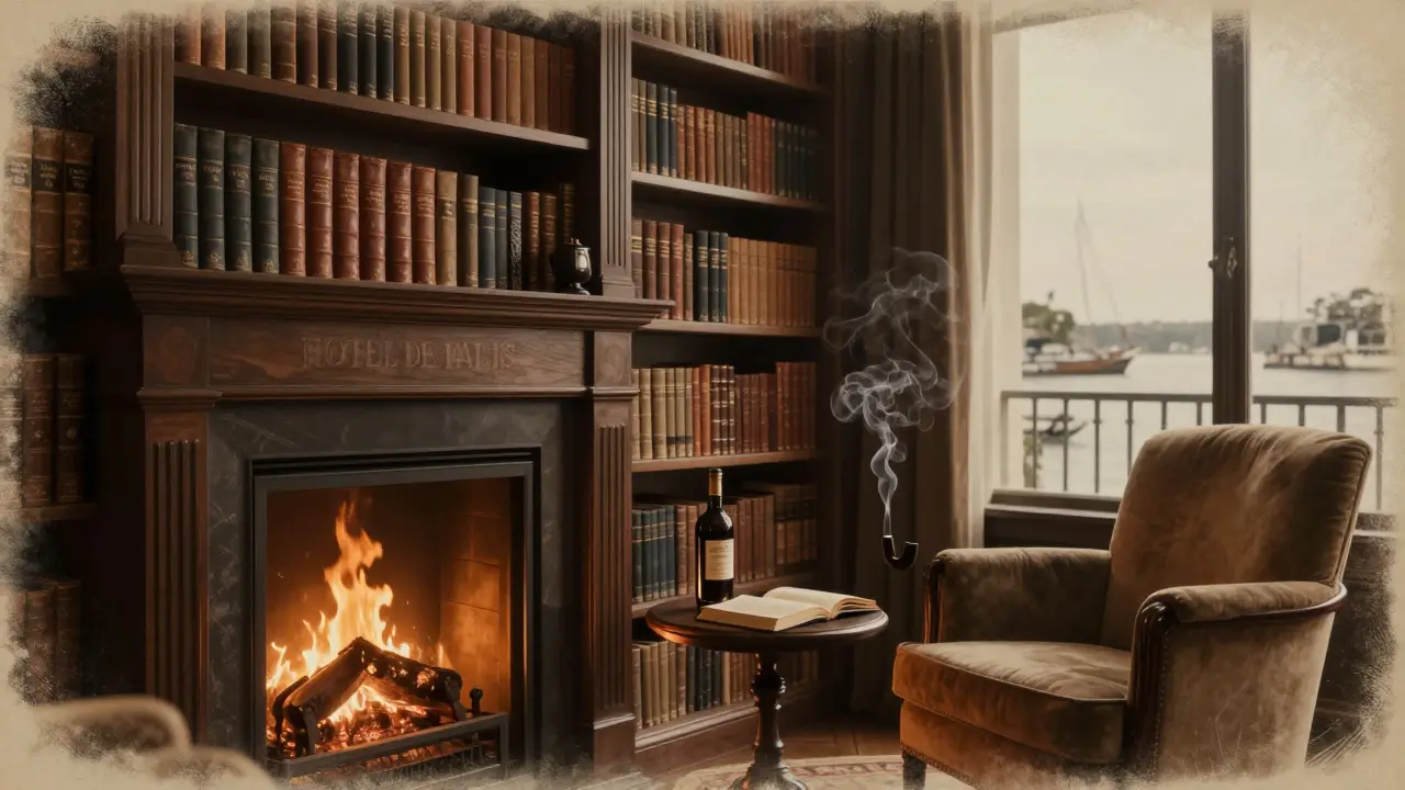 Hidden library with fireplace, leather books, and port bottle, no technology, overlooking Monaco harbor at dusk.