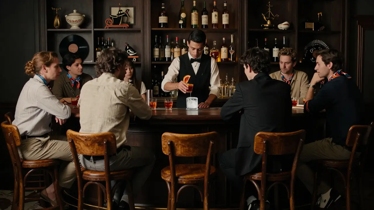 Inside La Rascasse bar, guests sit at a walnut bar as a bartender crafts a Negroni in low light.