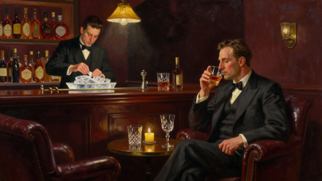 Intimate bar with leather chairs, crystal glasses, and candlelight, where a bartender hand-carves ice in a luxurious, quiet setting.