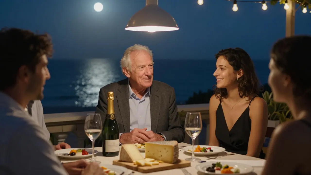 Late-night group sharing cheese and champagne, laughing softly under string lights by the terrace.