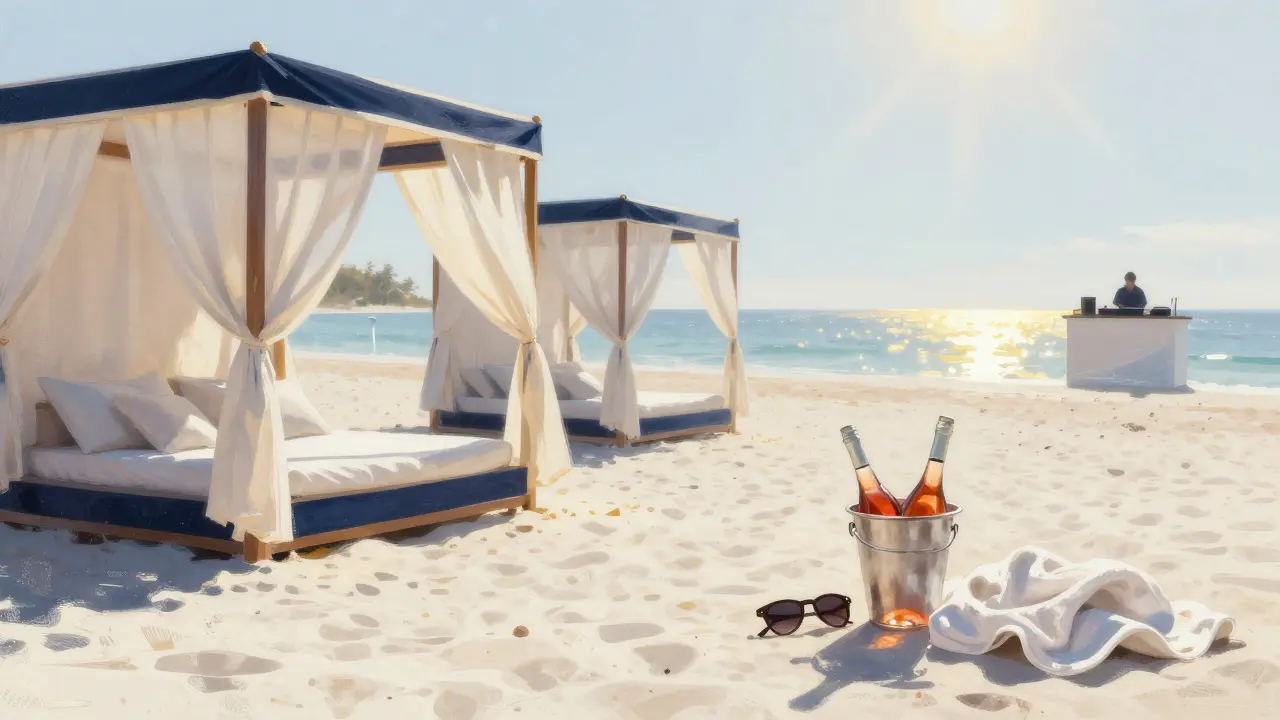 Luxurious beach club with cabanas, rosé, and sunlit sand under a calm blue sky.