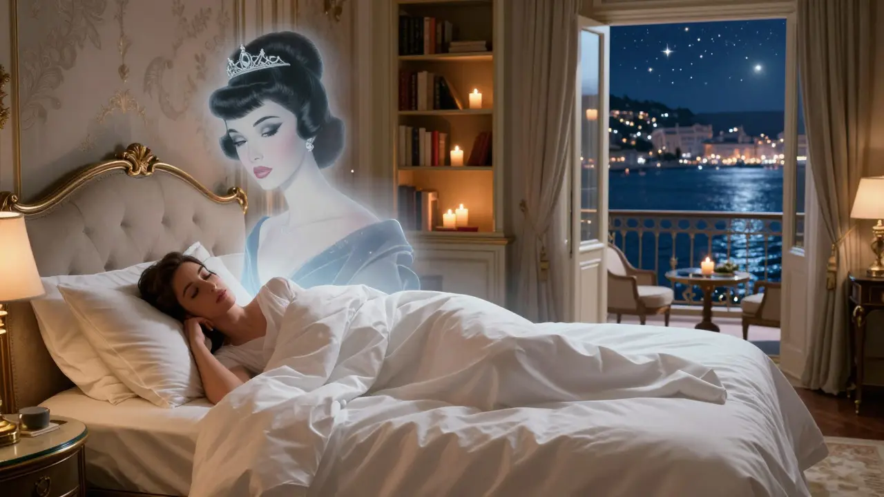 Luxurious bedroom with floating artwork above the bed and a hidden door revealing candlelit secrets.