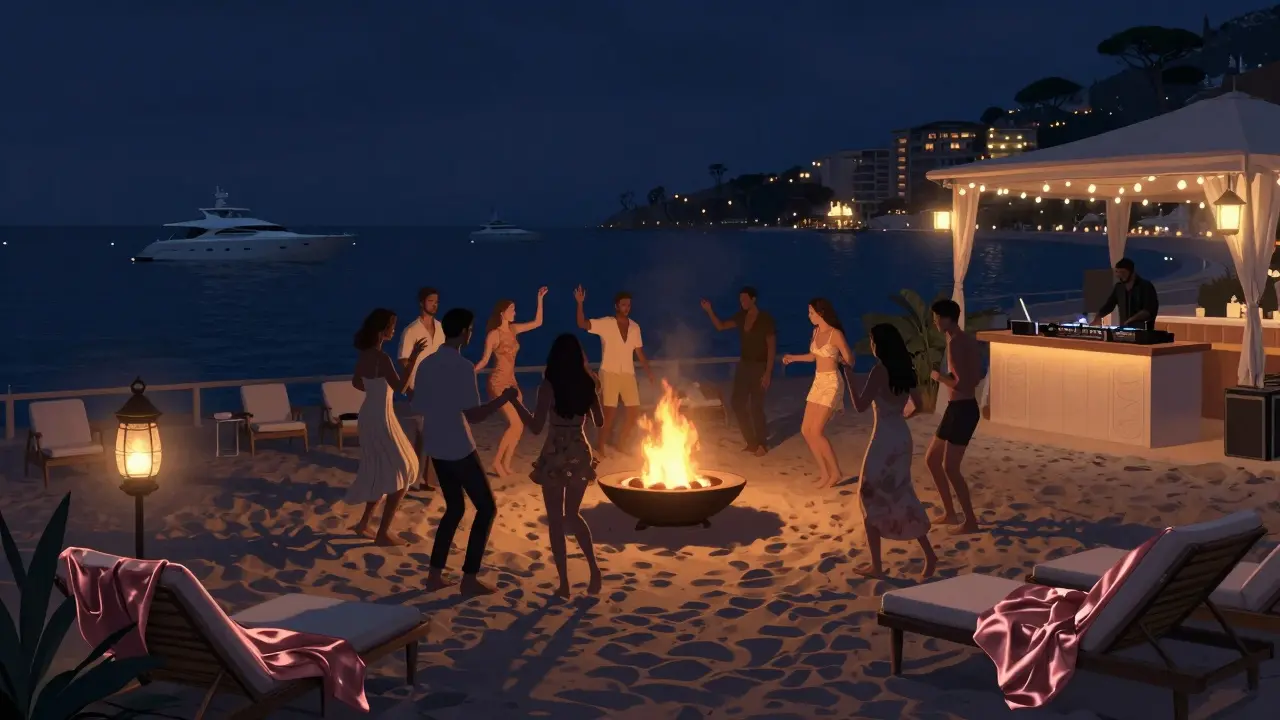 Midnight dance party on the sand around a fire pit under starry skies.