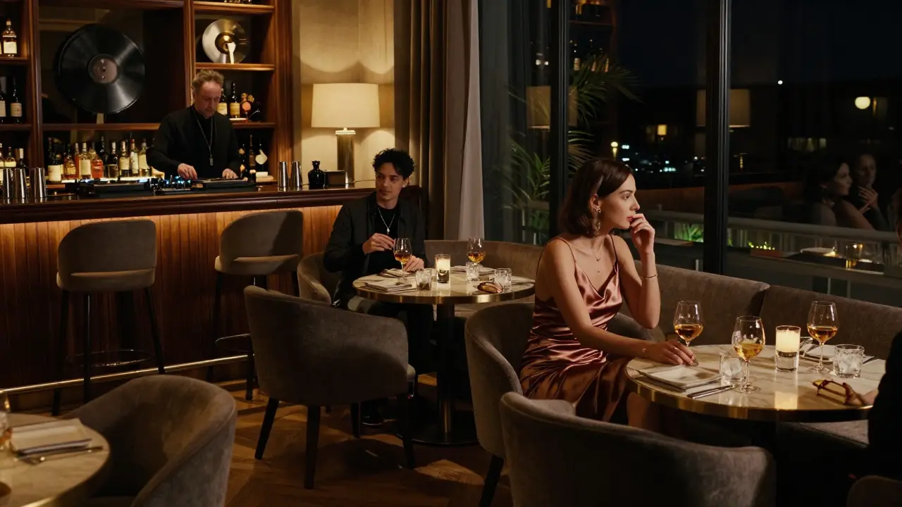 Midnight lounge with vinyl DJ and guests sipping bourbon under soft lights in a transformed dining room.