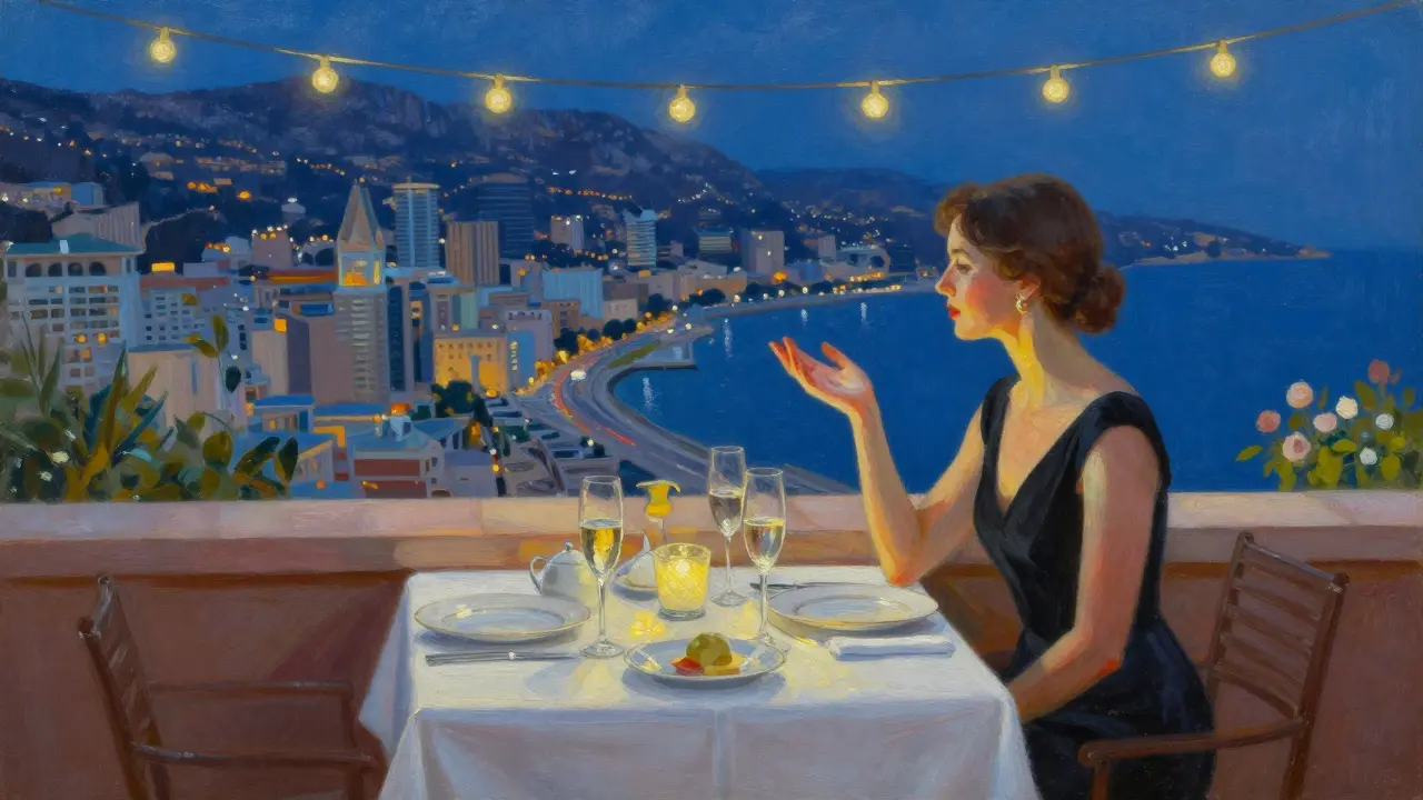 Private rooftop dinner in Monte Carlo with elegant table setting and city lights below.
