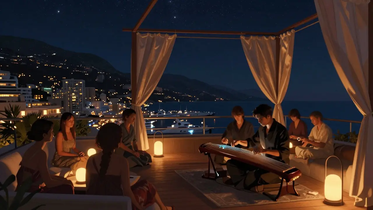 Rooftop terrace at Buddha Bar with harbor lights below and a koto player in shadow under starry sky.