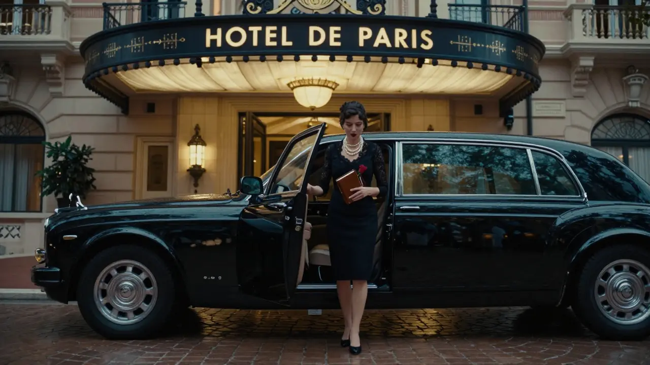 Silhouetted escort exiting a limousine at Hôtel de Paris, soft neon glow reflecting on wet cobblestones.