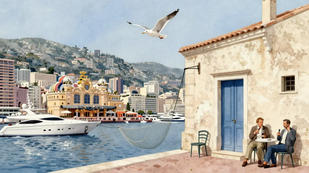 Split image: luxury Monaco on one side, authentic La Rascasse on the other, connected by a fishing net and flying seagull.