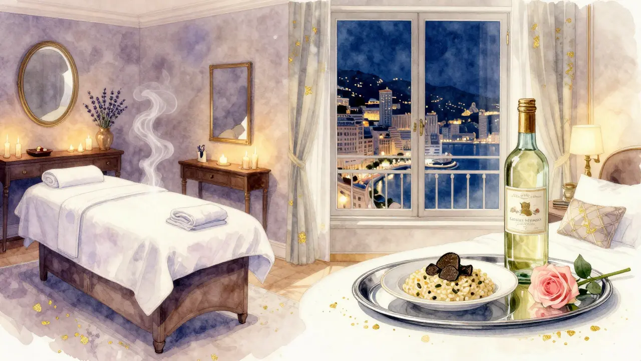 Split scene of a candlelit spa massage and a midnight room service tray with wine and rose, symbolizing private luxury.