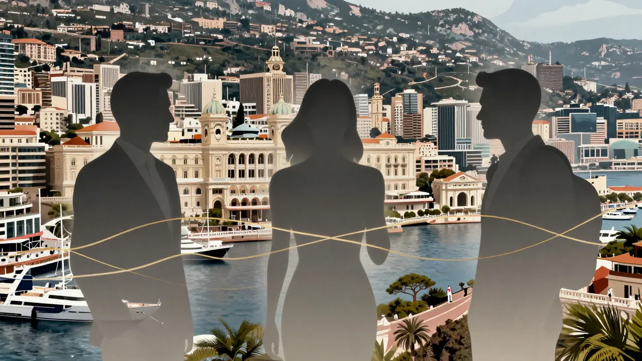 Three abstract figures symbolizing escort types integrated into Monaco’s iconic locations.